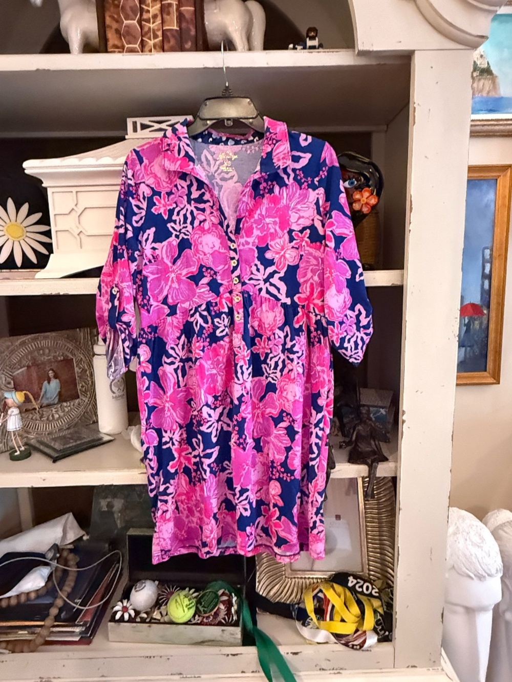 Lilly Pulitzer Xs Sarlyn popover shirtdress starlight navy once and floral - Picture 5 of 8